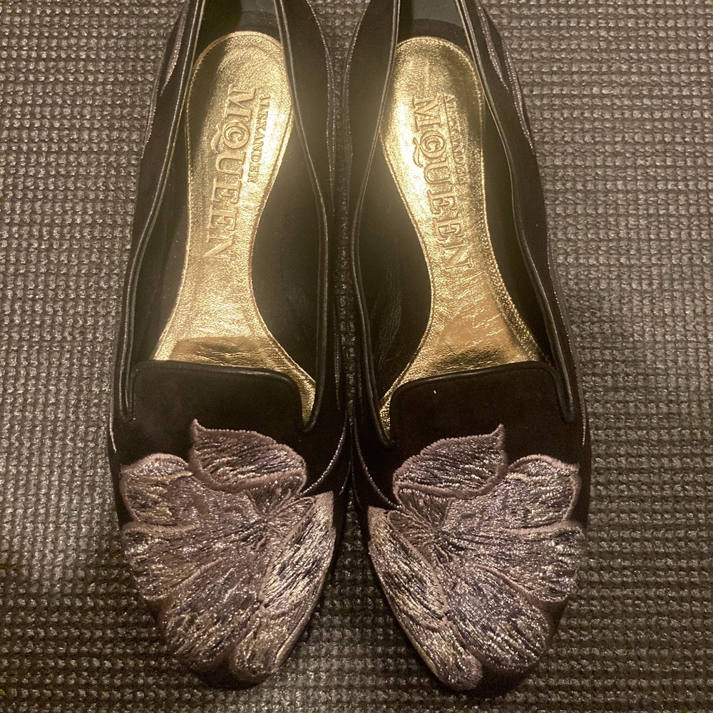 Alexander Mcqueen Flats Scarpa Pelle S.Cuioio Black w Embr Silver Leaves 35 EU